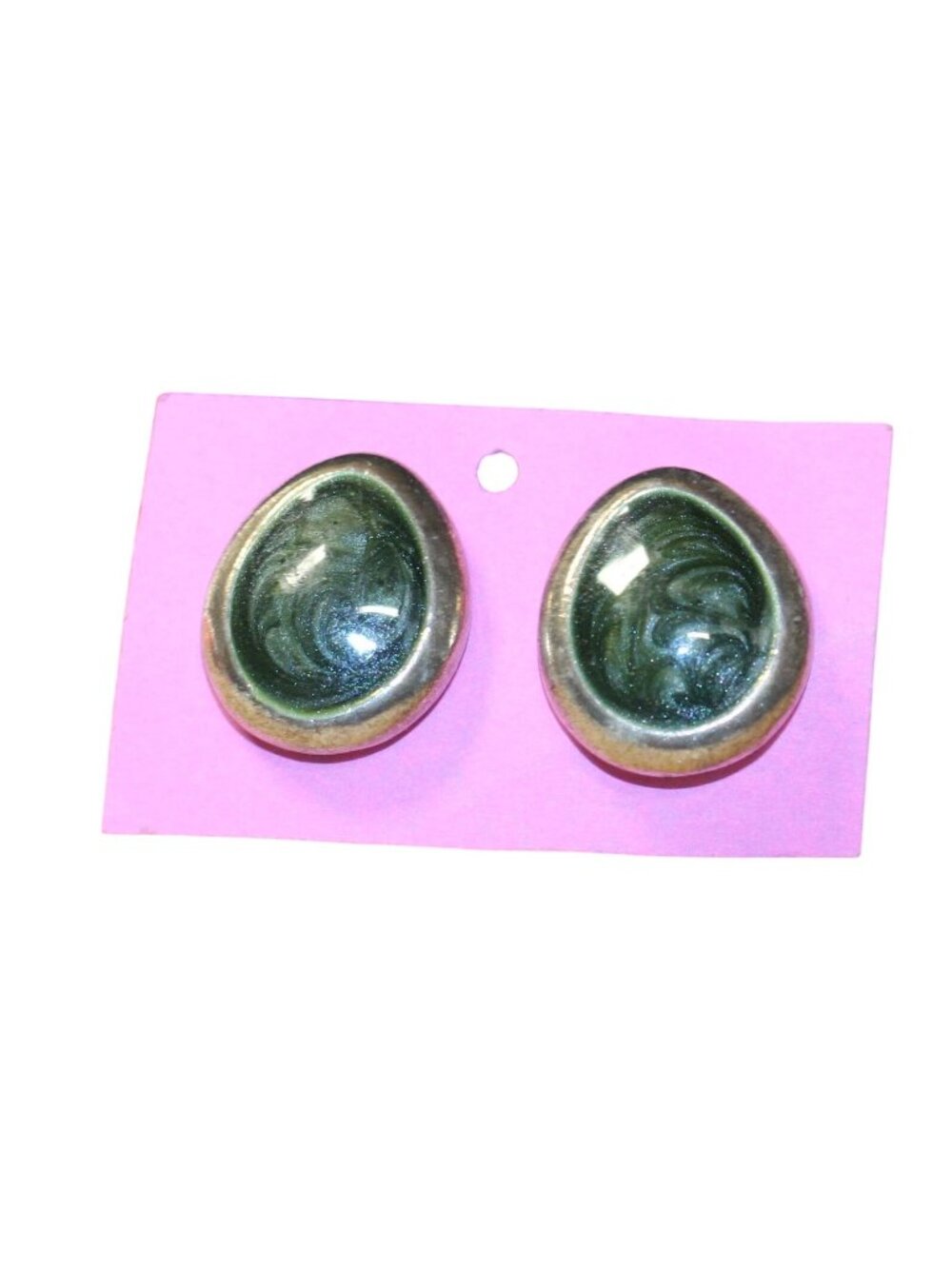 Vtg Oval Cabochon Bezel Setting & Swirled Green-Black Mid-Century Retro Style